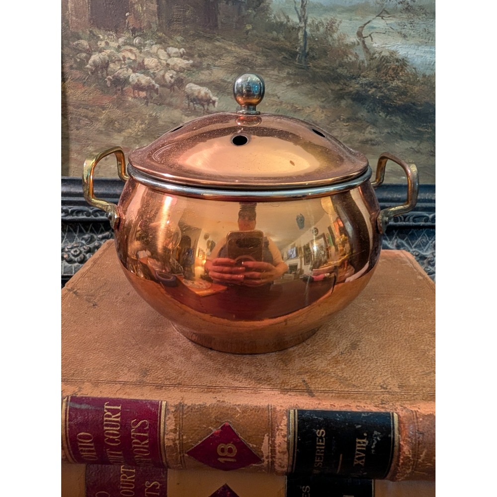 Vintage Copper Potpourri Pot Vented Lid Brass Handles 5x6 Round Cauldron